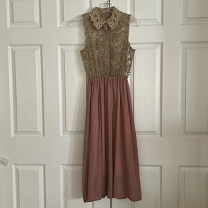 Vintage TanMauve Contrast Embroidery Cut Out Collar Sleeveless Midi Dress S